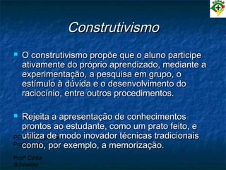 PEC Formação de
Professores
Profª Cintia
Schneider
ConstrutivismoConstrutivismo
 O construtivismo propõe que o aluno participeO construtivismo propõe que o aluno participe
ativamente do próprio aprendizado, mediante aativamente do próprio aprendizado, mediante a
experimentação, a pesquisa em grupo, oexperimentação, a pesquisa em grupo, o
estímulo à dúvida e o desenvolvimento doestímulo à dúvida e o desenvolvimento do
raciocínio, entre outros procedimentos.raciocínio, entre outros procedimentos.
 Rejeita a apresentação de conhecimentosRejeita a apresentação de conhecimentos
prontos ao estudante, como um prato feito, eprontos ao estudante, como um prato feito, e
utiliza de modo inovador técnicas tradicionaisutiliza de modo inovador técnicas tradicionais
como, por exemplo, a memorização.como, por exemplo, a memorização.
 