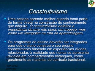 PEC Formação de
Professores
Profª Cintia
Schneider
ConstrutivismoConstrutivismo
 Uma pessoa aprende melhor quando toma parteUma pessoa aprende melhor quando toma parte
de forma direta na construção do conhecimentode forma direta na construção do conhecimento
que adquire.que adquire. O construtivismo enfatiza aO construtivismo enfatiza a
importância do erro não como um tropeço, masimportância do erro não como um tropeço, mas
como um trampolim na rota da aprendizagem.como um trampolim na rota da aprendizagem.
 Os programas do ensino deverão ser integradosOs programas do ensino deverão ser integrados
para que o aluno construa o seu própriopara que o aluno construa o seu próprio
conhecimento baseado em experiências vividas,conhecimento baseado em experiências vividas,
relacionadas à realidade que nunca se apresentarelacionadas à realidade que nunca se apresenta
dividida em compartimentos estanques, comodividida em compartimentos estanques, como
geralmente as matérias do currículo tradicional.geralmente as matérias do currículo tradicional.
 
