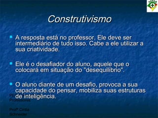 PEC Formação de
Professores
Profª Cintia
Schneider
ConstrutivismoConstrutivismo
 A resposta está no professor. Ele deve serA resposta está no professor. Ele deve ser
intermediário de tudo isso. Cabe a ele utilizar aintermediário de tudo isso. Cabe a ele utilizar a
sua criatividade.sua criatividade.
 Ele é o desafiador do aluno, aquele que oEle é o desafiador do aluno, aquele que o
colocará em situação do "desequilíbrio".colocará em situação do "desequilíbrio".
 O aluno diante de um desafio, provoca a suaO aluno diante de um desafio, provoca a sua
capacidade do pensar, mobiliza suas estruturascapacidade do pensar, mobiliza suas estruturas
de inteligência.de inteligência.
 