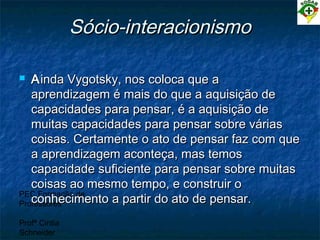 PEC Formação de
Professores
Profª Cintia
Schneider
Sócio-interacionismoSócio-interacionismo
 AAinda Vygotsky, nos coloca que ainda Vygotsky, nos coloca que a
aprendizagem é mais do que a aquisição deaprendizagem é mais do que a aquisição de
capacidades para pensar, é a aquisição decapacidades para pensar, é a aquisição de
muitas capacidades para pensar sobre váriasmuitas capacidades para pensar sobre várias
coisas. Certamente o ato de pensar faz com quecoisas. Certamente o ato de pensar faz com que
a aprendizagem aconteça, mas temosa aprendizagem aconteça, mas temos
capacidade suficiente para pensar sobre muitascapacidade suficiente para pensar sobre muitas
coisas ao mesmo tempo, e construir ocoisas ao mesmo tempo, e construir o
conhecimento a partir do ato de pensar.conhecimento a partir do ato de pensar.
 