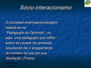 PEC Formação de
Professores
Profª Cintia
Schneider
Sócio-interacionismoSócio-interacionismo
O processo ensinoaprendizagemO processo ensinoaprendizagem
baseia-se nabaseia-se na
““Pedagogia do Oprimido”, ouPedagogia do Oprimido”, ou
seja, uma pedagogia que reflitaseja, uma pedagogia que reflita
sobre as causas da opressão,sobre as causas da opressão,
resultando daí o engajamentoresultando daí o engajamento
do homem na luta por suado homem na luta por sua
libertação; (Freire)libertação; (Freire)
 