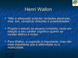 PEC Formação de
Professores
Profª Cintia
Schneider
Henri WallonHenri Wallon
 ““Não é adequado postular verdades absolutas,Não é adequado postular verdades absolutas,
mas, sim, revitalizar direções e possibilidades.”mas, sim, revitalizar direções e possibilidades.”
 Propõe o estudo da pessoa completa, tanto emPropõe o estudo da pessoa completa, tanto em
relação a seu caráter cognitivo quanto aorelação a seu caráter cognitivo quanto ao
caráter afetivo e motor.caráter afetivo e motor.
 Para Wallon, a cognição é importante, mas nãoPara Wallon, a cognição é importante, mas não
mais importante que a afetividade ou amais importante que a afetividade ou a
motricidade.motricidade.
 