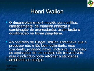 PEC Formação de
Professores
Profª Cintia
Schneider
Henri WallonHenri Wallon
 O desenvolvimento é movido por conflitos,O desenvolvimento é movido por conflitos,
dialeticamente, de maneira análoga àdialeticamente, de maneira análoga à
combinação de acomodação, assimilação ecombinação de acomodação, assimilação e
equilibração na teoria piagetiana.equilibração na teoria piagetiana.
 Ao contrário de Piaget, Wallon acreditava que oAo contrário de Piaget, Wallon acreditava que o
processo não é tão bem delimitado, masprocesso não é tão bem delimitado, mas
constante, podendo haver, inclusive, regressão:constante, podendo haver, inclusive, regressão:
as aquisições de um estágio são irreversíveis,as aquisições de um estágio são irreversíveis,
mas o indivíduo pode retornar a atividadesmas o indivíduo pode retornar a atividades
anteriores ao estágio.anteriores ao estágio.
 