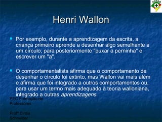 PEC Formação de
Professores
Profª Cintia
Schneider
Henri WallonHenri Wallon
 Por exemplo, durante a aprendizagem da escrita, a
criança primeiro aprende a desenhar algo semelhante a
um círculo, para posteriormente "puxar a perninha" e
escrever um "a".
 O comportamentalista afirma que o comportamento de
desenhar o círculo foi extinto, mas Wallon vai mais além
e afirma que foi integrado a outros comportamentos ou,
para usar um termo mais adequado à teoria walloniana,
integrado a outras aprendizagens.
 