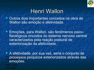PEC Formação de
Professores
Profª Cintia
Schneider
Henri WallonHenri Wallon
 Outros dois importantes conceitos na obra de
Wallon são emoção e afetividade.
 Emoções, para Wallon, são fenômenos psico-
fisiológicos oriundos do sistema nervoso central
caracterizados pela reação postural de
exteriorização da afetividade.
 A afetividade, por sua vez, seria o conjunto de
processos psíquicos exteriorizados através das
emoções.
 