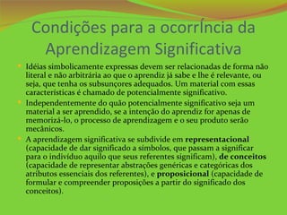 Condições para a ocorrência da
     Aprendizagem Significativa
 Idéias simbolicamente expressas devem ser relacionadas de forma não
  literal e não arbitrária ao que o aprendiz já sabe e lhe é relevante, ou
  seja, que tenha os subsunçores adequados. Um material com essas
  características é chamado de potencialmente significativo.
 Independentemente do quão potencialmente significativo seja um
  material a ser aprendido, se a intenção do aprendiz for apenas de
  memorizá-lo, o processo de aprendizagem e o seu produto serão
  mecânicos.
 A aprendizagem significativa se subdivide em representacional
  (capacidade de dar significado a símbolos, que passam a significar
  para o indivíduo aquilo que seus referentes significam), de conceitos
  (capacidade de representar abstrações genéricas e categóricas dos
  atributos essenciais dos referentes), e proposicional (capacidade de
  formular e compreender proposições a partir do significado dos
  conceitos).
 