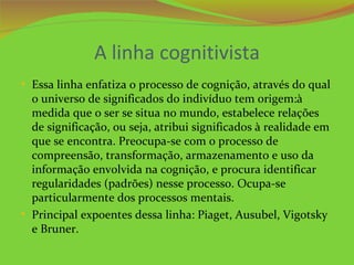 A linha cognitivista
• Essa linha enfatiza o processo de cognição, através do qual
  o universo de significados do indivíduo tem origem:à
  medida que o ser se situa no mundo, estabelece relações
  de significação, ou seja, atribui significados à realidade em
  que se encontra. Preocupa-se com o processo de
  compreensão, transformação, armazenamento e uso da
  informação envolvida na cognição, e procura identificar
  regularidades (padrões) nesse processo. Ocupa-se
  particularmente dos processos mentais.
• Principal expoentes dessa linha: Piaget, Ausubel, Vigotsky
  e Bruner.
 