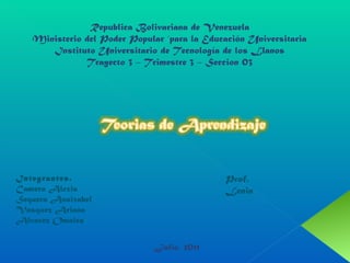 Republica Bolivariana de Venezuela Ministerio del Poder Popular ‘para la Educación Universitaria Instituto Universitario de Tecnología de los Llanos Trayecto 3 – Trimestre 3 – Seccion 03 Integrantes. Camero Alexis Sequera Anaixabel Vasquez Ariana Alvarez Omaica r Prof. Lenin Julio, 2011 