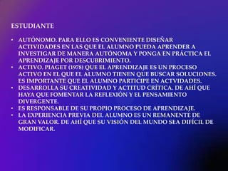 ESTUDIANTE

• AUTÓNOMO. PARA ELLO ES CONVENIENTE DISEÑAR
  ACTIVIDADES EN LAS QUE EL ALUMNO PUEDA APRENDER A
  INVESTIGAR DE MANERA AUTÓNOMA Y PONGA EN PRÁCTICA EL
  APRENDIZAJE POR DESCUBRIMIENTO.
• ACTIVO. PIAGET (1978) QUE EL APRENDIZAJE ES UN PROCESO
  ACTIVO EN EL QUE EL ALUMNO TIENEN QUE BUSCAR SOLUCIONES.
  ES IMPORTANTE QUE EL ALUMNO PARTICIPE EN ACTVIDADES.
• DESARROLLA SU CREATIVIDAD Y ACTITUD CRÍTICA. DE AHÍ QUE
  HAYA QUE FOMENTAR LA REFLEXIÓN Y EL PENSAMIENTO
  DIVERGENTE.
• ES RESPONSABLE DE SU PROPIO PROCESO DE APRENDIZAJE.
• LA EXPERIENCIA PREVIA DEL ALUMNO ES UN REMANENTE DE
  GRAN VALOR. DE AHÍ QUE SU VISIÓN DEL MUNDO SEA DIFÍCIL DE
  MODIFICAR.
 