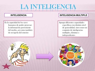 LA INTELIGENCIA
      INTELIGENCIA                  INTELIGENCIA MULTIPLE


Es la capacidad de los seres       Agrupa diferentes capacidades
     humanos de poder procesar        específicas con distinto nivel
     la información proveniente       de generalidad, sino como un
     del medio, así como también      conjunto de inteligencias
     de recogerla del exterior        múltiples, distintas e
                                      independientes
 