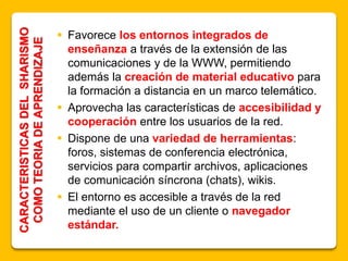 CARACTERISTICASDELSHARISMO
COMOTEORIADEAPRENDIZAJE  Favorece los entornos integrados de
enseñanza a través de la extensión de las
comunicaciones y de la WWW, permitiendo
además la creación de material educativo para
la formación a distancia en un marco telemático.
 Aprovecha las características de accesibilidad y
cooperación entre los usuarios de la red.
 Dispone de una variedad de herramientas:
foros, sistemas de conferencia electrónica,
servicios para compartir archivos, aplicaciones
de comunicación síncrona (chats), wikis.
 El entorno es accesible a través de la red
mediante el uso de un cliente o navegador
estándar.
 