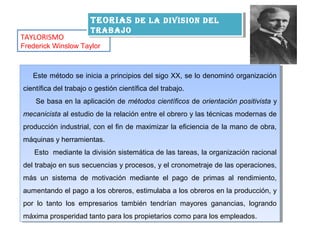 TAYLORISMO
Frederick Winslow Taylor
Este método se inicia a principios del sigo XX, se lo denominó organización
científica del trabajo o gestión científica del trabajo.
Se basa en la aplicación de métodos científicos de orientación positivista y
mecanicista al estudio de la relación entre el obrero y las técnicas modernas de
producción industrial, con el fin de maximizar la eficiencia de la mano de obra,
máquinas y herramientas.
Esto mediante la división sistemática de las tareas, la organización racional
del trabajo en sus secuencias y procesos, y el cronometraje de las operaciones,
más un sistema de motivación mediante el pago de primas al rendimiento,
aumentando el pago a los obreros, estimulaba a los obreros en la producción, y
por lo tanto los empresarios también tendrían mayores ganancias, logrando
máxima prosperidad tanto para los propietarios como para los empleados.
Este método se inicia a principios del sigo XX, se lo denominó organización
científica del trabajo o gestión científica del trabajo.
Se basa en la aplicación de métodos científicos de orientación positivista y
mecanicista al estudio de la relación entre el obrero y las técnicas modernas de
producción industrial, con el fin de maximizar la eficiencia de la mano de obra,
máquinas y herramientas.
Esto mediante la división sistemática de las tareas, la organización racional
del trabajo en sus secuencias y procesos, y el cronometraje de las operaciones,
más un sistema de motivación mediante el pago de primas al rendimiento,
aumentando el pago a los obreros, estimulaba a los obreros en la producción, y
por lo tanto los empresarios también tendrían mayores ganancias, logrando
máxima prosperidad tanto para los propietarios como para los empleados.
TEORIAS DE LA DIVISION DEL
TRABAJO
TEORIAS DE LA DIVISION DEL
TRABAJO
 