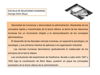 Necesidad de humanizar y democratizar la administración, liberándola de los
conceptos rígidos y mecanicistas de la teoría clásica, la teoría de las relaciones
humanas fue un movimiento dirigido a la democratización de los conceptos
administrativos.
El desarrollo de las llamadas ciencias humanas, en especial la psicología y la
sociología, y sus primeros intentos de aplicarse a la organización industrial.
Las ciencias humanas demostraron gradualmente lo inadecuado de los
principios de la teoría clásica.
Las conclusiones del experimento de Howthorne, llevado a cabo entre 1927 y
1932 bajo la coordinación de Elton Mayo, pusieron en jaque los principales
postulados de la teoría clásica de la administración.
Necesidad de humanizar y democratizar la administración, liberándola de los
conceptos rígidos y mecanicistas de la teoría clásica, la teoría de las relaciones
humanas fue un movimiento dirigido a la democratización de los conceptos
administrativos.
El desarrollo de las llamadas ciencias humanas, en especial la psicología y la
sociología, y sus primeros intentos de aplicarse a la organización industrial.
Las ciencias humanas demostraron gradualmente lo inadecuado de los
principios de la teoría clásica.
Las conclusiones del experimento de Howthorne, llevado a cabo entre 1927 y
1932 bajo la coordinación de Elton Mayo, pusieron en jaque los principales
postulados de la teoría clásica de la administración.
ESCUELA DE RELACIONES HUMANAS
George Eltón Mayo
 