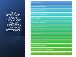 AS 14
NECESSIDADES
(BÁSICAS)
FUNDAMENTAIS
(VIRGINIA
HENDERSON E A
TEORIA DAS 14
NECESSIDADES)
Respirar normalmente;
Comer e beber adequadamente;
Eliminar os resíduos orgânicos;
Movimentar-se a manter posturas;
Dormir e descansar;
Selecionar roupas adequadas;
Manter temperatura corporal;
Manter higiene;
Evitar perigos ambientais;
Comunicar-se expressando emoções;
Adorar de acordo com a própria fé;
Trabalhar de forma satisfatória;
Participar de diferentes atividades recreativas;
Aprender, satisfazer ou desenvolver as necessidades de saúde utilizando os meios
disponíveis.
 