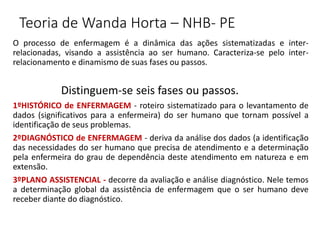Teoria de Wanda Horta – NHB- PE
O processo de enfermagem é a dinâmica das ações sistematizadas e inter-
relacionadas, visando a assistência ao ser humano. Caracteriza-se pelo inter-
relacionamento e dinamismo de suas fases ou passos.
Distinguem-se seis fases ou passos.
1ºHISTÓRICO de ENFERMAGEM - roteiro sistematizado para o levantamento de
dados (significativos para a enfermeira) do ser humano que tornam possível a
identificação de seus problemas.
2ºDIAGNÓSTICO de ENFERMAGEM - deriva da análise dos dados (a identificação
das necessidades do ser humano que precisa de atendimento e a determinação
pela enfermeira do grau de dependência deste atendimento em natureza e em
extensão.
3ºPLANO ASSISTENCIAL - decorre da avaliação e análise diagnóstico. Nele temos
a determinação global da assistência de enfermagem que o ser humano deve
receber diante do diagnóstico.
 