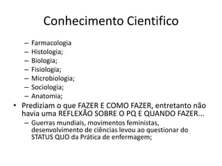 Conhecimento Cientifico
–
–
–
–
–
–
–

Farmacologia
Histologia;
Biologia;
Fisiologia;
Microbiologia;
Sociologia;
Anatomia;

• Prediziam o que FAZER E COMO FAZER, entretanto não
havia uma REFLEXÃO SOBRE O PQ E QUANDO FAZER...
– Guerras mundiais, movimentos feministas,
desenvolvimento de ciências levou ao questionar do
STATUS QUO da Prática de enfermagem;

 