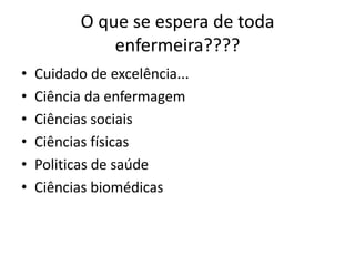 O que se espera de toda
enfermeira????
•
•
•
•
•
•

Cuidado de excelência...
Ciência da enfermagem
Ciências sociais
Ciências físicas
Politicas de saúde
Ciências biomédicas

 