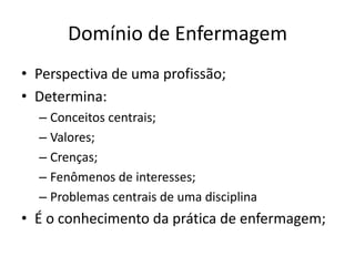 Domínio de Enfermagem
• Perspectiva de uma profissão;
• Determina:
– Conceitos centrais;
– Valores;
– Crenças;
– Fenômenos de interesses;
– Problemas centrais de uma disciplina

• É o conhecimento da prática de enfermagem;

 