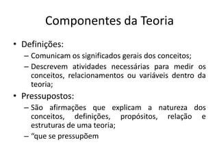 Componentes da Teoria
• Definições:
– Comunicam os significados gerais dos conceitos;
– Descrevem atividades necessárias para medir os
conceitos, relacionamentos ou variáveis dentro da
teoria;

• Pressupostos:
– São afirmações que explicam a natureza dos
conceitos, definições, propósitos, relação e
estruturas de uma teoria;
– “que se pressupõem

 
