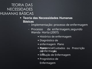 TEORIA DAS
NECESSIDADES
HUMANAS BÁSICAS
●
Teoria das Necessidades Humanas
Básicas
– Implementação: processo de enfermagem
– Processo de enfermagem,segundo
Wanda Horta (2007):
●
●
●
Histórico de enfermagem
Diagnóstico de
enfermagem Plano
Assistencial
●
Plano
de
Cuidados ou Prescrição
de
Enfermage
m
●
●
Evolução de Enfermagem
Prognóstico de
Enfermagem
 