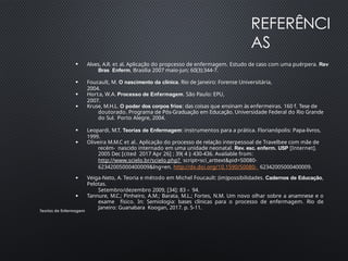 REFERÊNCI
AS
Teorias de Enfermagem
●
Alves, A.R. et al. Aplicação do propcesso de enfermagem. Estudo de caso com uma puérpera. Rev
Bras Enferm, Brasília 2007 maio-jun; 60(3):344-7.
●
Foucault, M. O nascimento da clínica. Rio de Janeiro: Forense Universitária,
2004.
●
Horta, W.A. Processo de Enfermagem. São Paulo: EPU,
2007.
● Kruse, M.H.L. O poder dos corpos frios: das coisas que ensinam às enfermeiras. 160 f. Tese de
doutorado. Programa de Pós-Graduação em Educação. Universidade Federal do Rio Grande
do Sul. Porto Alegre, 2004.
●
Leopardi, M.T. Teorias de Enfermagem: instrumentos para a prática. Florianópolis: Papa-livros,
1999.
●
Oliveira M.M.C et al.. Aplicação do processo de relação interpessoal de Travelbee com mãe de
recém- nascido internado em uma unidade neonatal. Rev. esc. enferm. USP [Internet].
2005 Dec [cited 2017 Apr 26] ; 39( 4 ): 430-436. Available from:
http://www.scielo.br/scielo.php? script=sci_arttext&pid=S0080-
62342005000400009&lng=en. http://dx.doi.org/10.1590/S0080- 62342005000400009.
● Veiga-Neto, A. Teoria e método em Michel Foucault: (im)possibilidades. Cadernos de Educação,
Pelotas.
Setembro/dezembro 2009, [34]: 83 – 94.
●
Tannure, M.C.; Pinheiro, A.M.; Barata, M.L.; Fortes, N.M. Um novo olhar sobre a anamnese e o
exame físico. In: Semiologia: bases clínicas para o processo de enfermagem. Rio de
Janeiro: Guanabara Koogan, 2017. p. 5-11.
 
