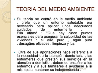 TEORIA DEL MEDIO AMBIENTE


Su teoría se centró en le medio ambiente
, creía que un entorno saludable era
necesario para aplicar unos adecuados
cuidados
de
enfermería
.
Ella afirmó : "Que hay cinco puntos
esenciales para asegurar la salubridad de las
viviendas : el aire puro , agua pura
, desagües eficaces , limpieza y luz



Otra de sus aportaciones hace referencia a
la necesidad de la atención domiciliaria , las
enfermeras que prestan sus servicios en la
atención a domicilio , deben de enseñar a los
enfermos y a sus familiares a ayudarse a sí
LEO MA. DEL PILAR MORALES
mismos a mantener su independencia .
FLORES

 