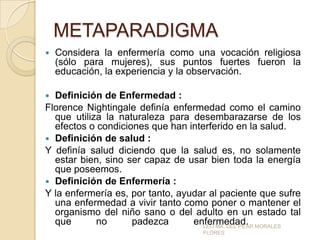 METAPARADIGMA


Considera la enfermería como una vocación religiosa
(sólo para mujeres), sus puntos fuertes fueron la
educación, la experiencia y la observación.

Definición de Enfermedad :
Florence Nightingale definía enfermedad como el camino
que utiliza la naturaleza para desembarazarse de los
efectos o condiciones que han interferido en la salud.
 Definición de salud :
Y definía salud diciendo que la salud es, no solamente
estar bien, sino ser capaz de usar bien toda la energía
que poseemos.
 Definición de Enfermería :
Y la enfermería es, por tanto, ayudar al paciente que sufre
una enfermedad a vivir tanto como poner o mantener el
organismo del niño sano o del adulto en un estado tal
que
no
padezca
enfermedad. MORALES
LEO MA. DEL PILAR


FLORES

 
