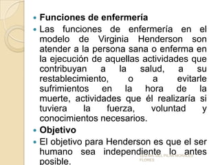 





Funciones de enfermería
Las funciones de enfermería en el
modelo de Virginia Henderson son
atender a la persona sana o enferma en
la ejecución de aquellas actividades que
contribuyan a la salud, a su
restablecimiento,
o
a
evitarle
sufrimientos en la hora de la
muerte, actividades que él realizaría si
tuviera
la
fuerza,
voluntad
y
conocimientos necesarios.
Objetivo
El objetivo para Henderson es que el ser
humano sea independiente lo antes
posible.
LEO MA. DEL PILAR MORALES
FLORES

 