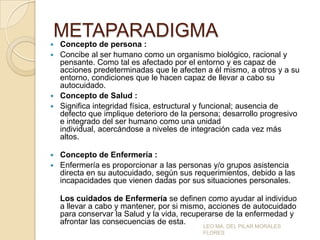 METAPARADIGMA
Concepto de persona :
 Concibe al ser humano como un organismo biológico, racional y
pensante. Como tal es afectado por el entorno y es capaz de
acciones predeterminadas que le afecten a él mismo, a otros y a su
entorno, condiciones que le hacen capaz de llevar a cabo su
autocuidado.
 Concepto de Salud :
 Significa integridad física, estructural y funcional; ausencia de
defecto que implique deterioro de la persona; desarrollo progresivo
e integrado del ser humano como una unidad
individual, acercándose a niveles de integración cada vez más
altos.


Concepto de Enfermería :
 Enfermería es proporcionar a las personas y/o grupos asistencia
directa en su autocuidado, según sus requerimientos, debido a las
incapacidades que vienen dadas por sus situaciones personales.


Los cuidados de Enfermería se definen como ayudar al individuo
a llevar a cabo y mantener, por si mismo, acciones de autocuidado
para conservar la Salud y la vida, recuperarse de la enfermedad y
afrontar las consecuencias de esta.
LEO MA. DEL PILAR MORALES
FLORES

 