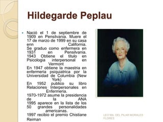 Hildegarde Peplau


Nació el 1 de septiembre de
1909 en Pensilvania. Muere el
17 de marzo de 1999 en su casa
enn
California.
Se graduo como enfermera en
1931
en
Pensilvania.
1943 Obtiene el titulo en
Psicologia
interpersonal
en
Vermont
En 1947 obtiene la maestria en
enfermeria psiquiatrica por la
Universidad de Columbia (New
York)
En 1952 publico su libro
Relaciones Interpersonales en
Enfermeria.
1970-1972 asume la presidencia
de
la
ANA
1995 aparece en la lista de los
50
grandes
personalidades
americanas.
1997 recibio el premio Chistiane
Reiman

LEO MA. DEL PILAR MORALES
FLORES

 