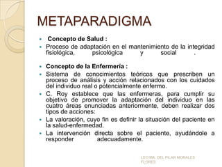 METAPARADIGMA












Concepto de Salud :
Proceso de adaptación en el mantenimiento de la integridad
fisiológica,
psicológica
y
social
.
Concepto de la Enfermería :
Sistema de conocimientos teóricos que prescriben un
proceso de análisis y acción relacionados con los cuidados
del individuo real o potencialmente enfermo.
C. Roy establece que las enfermeras, para cumplir su
objetivo de promover la adaptación del individuo en las
cuatro áreas enunciadas anteriormente, deben realizar dos
tipos de acciones:
La valoración, cuyo fin es definir la situación del paciente en
la salud-enfermedad.
La intervención directa sobre el paciente, ayudándole a
responder
adecuadamente.
LEO MA. DEL PILAR MORALES
FLORES

 