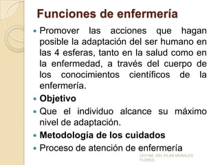 Funciones de enfermería
Promover las acciones que hagan
posible la adaptación del ser humano en
las 4 esferas, tanto en la salud como en
la enfermedad, a través del cuerpo de
los conocimientos científicos de la
enfermería.
 Objetivo
 Que el individuo alcance su máximo
nivel de adaptación.
 Metodología de los cuidados
 Proceso de atención de enfermería


LEO MA. DEL PILAR MORALES
FLORES

 