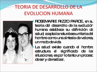 TEORIA DE DESARROLLO DE LA EVOLUCION HUMANA <ul><li>ROSEMARIE RIZZO PARCE, en su teoría del desarrollo de la evolución hum...