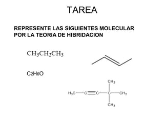 TAREA
REPRESENTE LAS SIGUIENTES MOLECULAR
POR LA TEORIA DE HIBRIDACION




   C2H6O
 