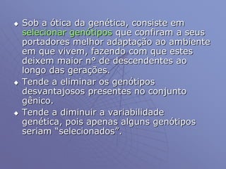  Sob a ótica da genética, consiste em
selecionar genótipos que confiram a seus
portadores melhor adaptação ao ambiente
em que vivem, fazendo com que estes
deixem maior n° de descendentes ao
longo das gerações.
 Tende a eliminar os genótipos
desvantajosos presentes no conjunto
gênico.
 Tende a diminuir a variabilidade
genética, pois apenas alguns genótipos
seriam “selecionados”.
 