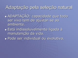 Adaptação pela seleção natural
 ADAPTAÇÃO: capacidade que todo
ser vivo tem de ajustar-se ao
ambiente.
 Está indissoluvelmente ligada à
manutenção da vida.
 Pode ser individual ou evolutiva.
 