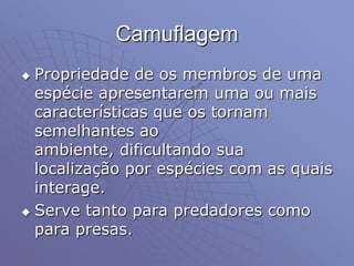 Camuflagem
 Propriedade de os membros de uma
espécie apresentarem uma ou mais
características que os tornam
semelhantes ao
ambiente, dificultando sua
localização por espécies com as quais
interage.
 Serve tanto para predadores como
para presas.
 