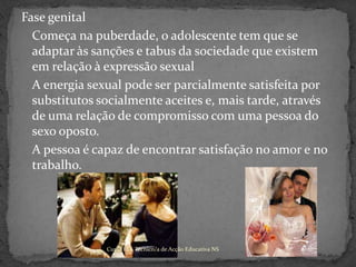 Fase genital 	Começa na puberdade, o adolescente tem que se adaptar às sanções e tabus da sociedade que existem em relação à expressão sexual	A energia sexual pode ser parcialmente satisfeita por substitutos socialmente aceites e, mais tarde, através de uma relação de compromisso com uma pessoa do sexo oposto.	A pessoa é capaz de encontrar satisfação no amor e no trabalho. Curso EFA Técnico/a de Acção Educativa NS 