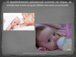 	O desenvolvimento psicossexual ocorreria em etapas, de acordo com a área na qual a libido está mais concentrada:Curso EFA Técnico/a de Acção Educativa NS 