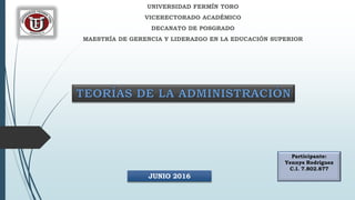 UNIVERSIDAD FERMÍN TORO
VICERECTORADO ACADÉMICO
DECANATO DE POSGRADO
MAESTRÍA DE GERENCIA Y LIDERAZGO EN LA EDUCACIÓN SUPERIOR
Participante:
Yennys Rodríguez
C.I. 7.802.877
JUNIO 2016
 