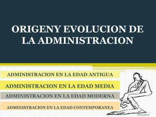 ORIGENY EVOLUCION DE
LA ADMINISTRACION
ADMINISTRACION EN LA EDAD ANTIGUA
ADMINISTRACION EN LA EDAD MEDIA
ADMINISTRACION EN LA EDAD MODERNA
ADMINISTRACION EN LA EDAD CONTEMPORANEA
 