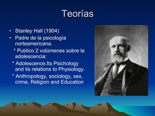 Teorías Stanley Hall (1904) Padre de la psicología norteamericana. * Publico 2 volúmenes sobre la adolescencia:  * Adolescence.Its Psichology and its relations to Physiology. * Anthropology, sociology, sex, crime, Religion and Education 