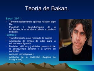 Teoría de Bakan. Bakan (1971) Término adolescencia aparece hasta el siglo XV. Invención o descubrimiento de la adolescencia en América debido a cambios sociales.  Factores: Transformación en el mercado de trabajo Ampliación de limites de edad para la educación obligatoria Medidas políticas y judiciales para controlar la delincuencia general y la juvenil en particular. Avances tecnológicos y  Abolición de la esclavitud (llegada de inmigrantes) 