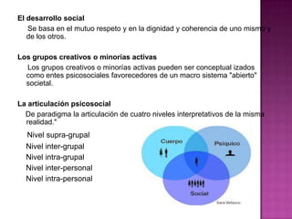El desarrollo social
   Se basa en el mutuo respeto y en la dignidad y coherencia de uno mismo y
   de los otros.

Los grupos creativos o minorías activas
  Los grupos creativos o minorías activas pueden ser conceptual izados
  como entes psicosociales favorecedores de un macro sistema "abierto"
  societal.

La articulación psicosocial
  De paradigma la articulación de cuatro niveles interpretativos de la misma
  realidad."
  Nivel supra-grupal
  Nivel inter-grupal
  Nivel intra-grupal
  Nivel inter-personal
  Nivel intra-personal
 
