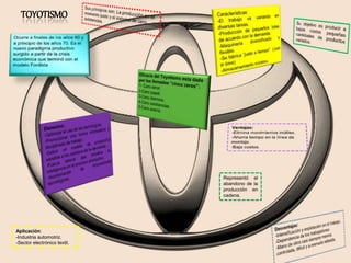 TOYOTISMO
Aplicación:
-Industria automotriz.
-Sector electrónico textil.
Representó el
abandono de la
producción en
cadena.
 