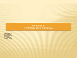 FACILITADOR:
                   MAGISTER DOMITILO MUÑOZ

ADAMES, AURA D.
AGUILAR, SANDY
ALVARADO, RAISA
JARA,YARIELA
SALAZAR, RAFAEL
SEGUNDO, YAJAIRA
 