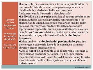 •La escuela, pese a una apariencia unitaria y unificadora, es
            una escuela dividida en dos redes que corresponden a la
            división de la sociedad capitalista en dos clases
            fundamentales: la burguesía y el proletariado.
            •La división en dos redes atraviesa el aparato escolar en su
   Teorías  conjunto, desde la escuela primaria, contrariamente a las
   Crítico  apariencias de unidad. El aparato escolar con sus dos redes
Reproduc- opuestas contribuye a reproducir las relaciones sociales
   tivistas reproducción capitalista. Como aparato ideológico, la escuela
            cumple dos funciones básicas: contribuye a la formación de
“Teoría de
 la escuela la fuerza de trabajo y a la inculcación de la ideología
  dualista” burguesa.
            •Existe también la ideología del proletariado, pero ésta
BAUDELOT tiene origen y existencia fuera de la escuela, en las masas
Y ESTABLET obreras y en sus organizaciones.
            •Aquí el papel de la escuela es el de reforzar y legitimar la
            marginalidad producida socialmente, y tiene por misión
            impedir el desarrollo de la ideología del proletariado y la lucha
            revolucionaria. Califica el trabajo intelectual y descalifica el
            trabajo manual.
                                                               Prof. Laura Ulla Irigoyen
 