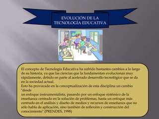 EVOLUCIÓN DE LA
                    TECNOLOGÍA EDUCATIVA




El concepto de Tecnología Educativa ha sufrido bastantes cambios a lo largo
de su historia, ya que las ciencias que la fundamentan evolucionan muy
rápidamente, debido en parte al acelerado desarrollo tecnológico que se da
en la sociedad actual.
Esto ha provocado en la conceptualización de esta disciplina un cambio
"desde
un enfoque instrumentalista, pasando por un enfoque sistémico de la
enseñanza centrado en la solución de problemas, hasta un enfoque más
centrado en el análisis y diseño de medios y recursos de enseñanza que no
sólo habla de aplicación, sino también de reflexión y construcción del
conocimiento" (PRENDES, 1998)
 