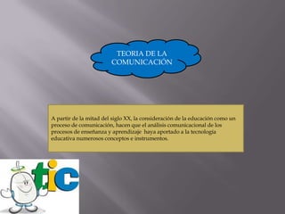 TEORIA DE LA
                        COMUNICACIÓN




A partir de la mitad del siglo XX, la consideración de la educación como un
proceso de comunicación, hacen que el análisis comunicacional de los
procesos de enseñanza y aprendizaje haya aportado a la tecnología
educativa numerosos conceptos e instrumentos.
 