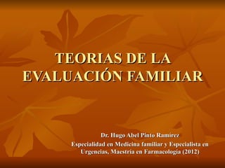 TEORIAS DE LA
EVALUACIÓN FAMILIAR


                Dr. Hugo Abel Pinto Ramírez
     Especialidad en Medicina familiar y Especialista en
        Urgencias, Maestría en Farmacología (2012)
 